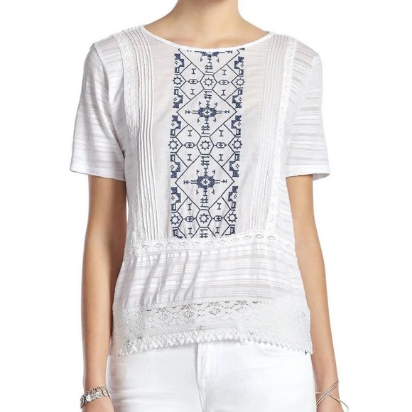 Lucky Brand Tops - Lucky Brand Top Blouse Boho White Blue Embroidered Peasant- S